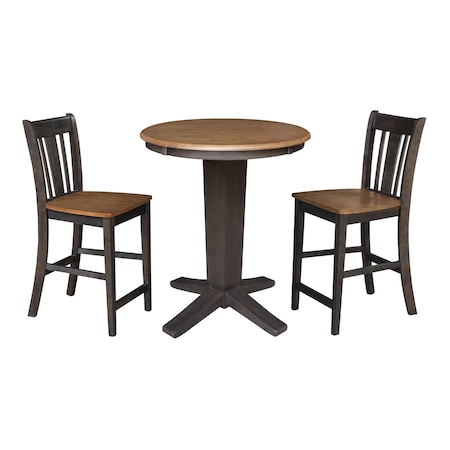 International Concepts 30 in. Solid Wood Round Top Dining Table with 2 Counter Height Stools in Washed Coal K45-30RT-23B-S102-2
